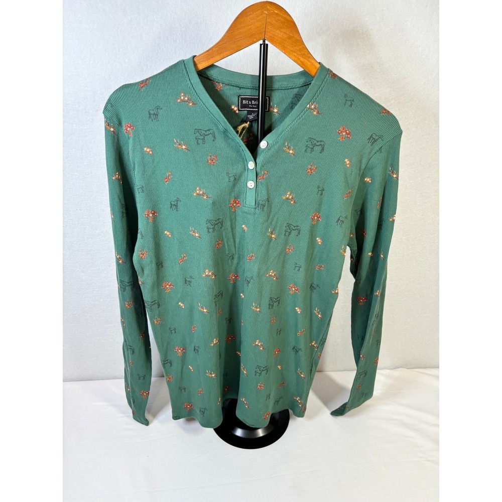 Bit & Bridle Women Horse Print Henley Shirt Green Ribbed Cotton LongSleeve L NWT